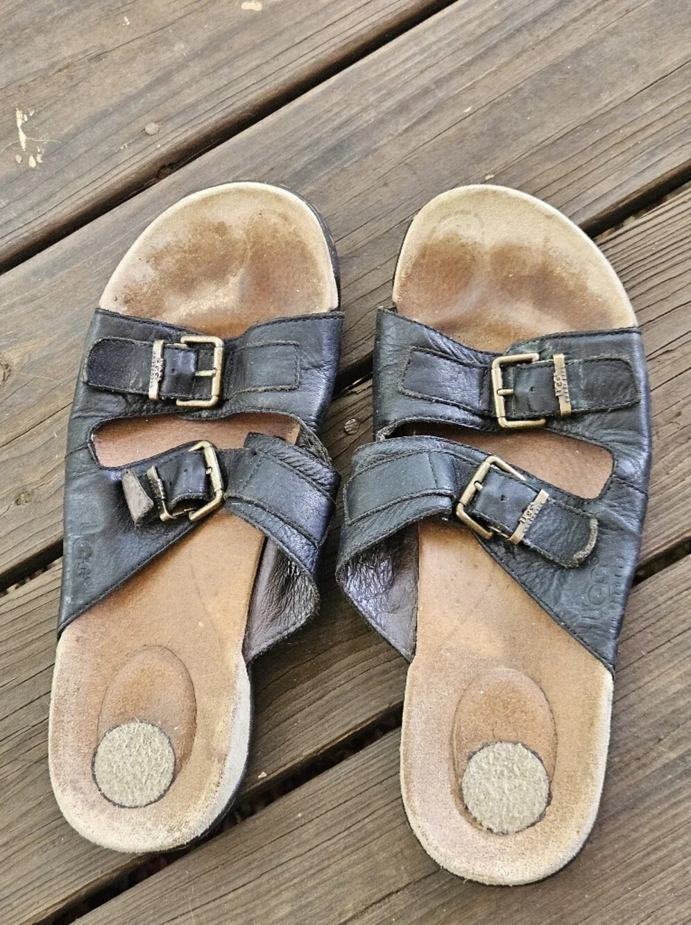 Ugg Men's Black Leather Dual-Buckle Slide Sandals Size 11